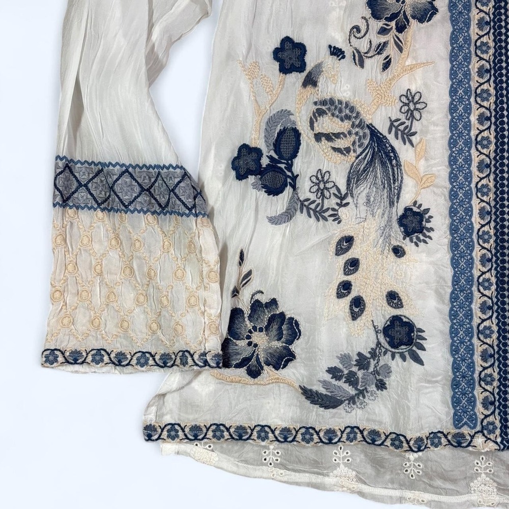 JOHNNY WAS Lauren Top Tunic White Blouse Embroidery Large Blue Boho Semi Sheer - Picture 3 of 8